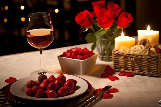 Photo table decorated for a romantic dinner with two champagne glasses bouquet of red roses or candle