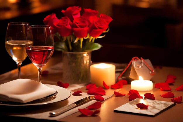 Table decorated for a romantic dinner with two champagne glasses bouquet of red roses or candle