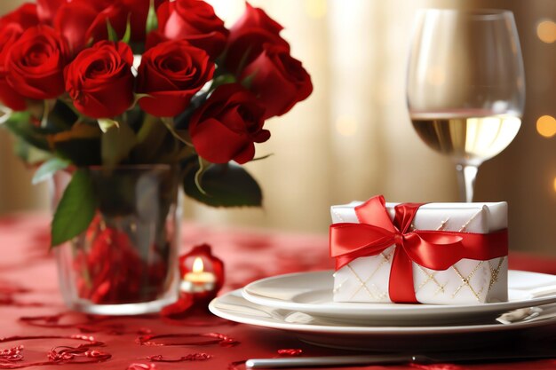 Table decorated for a romantic dinner with two champagne glasses bouquet of red roses or candle