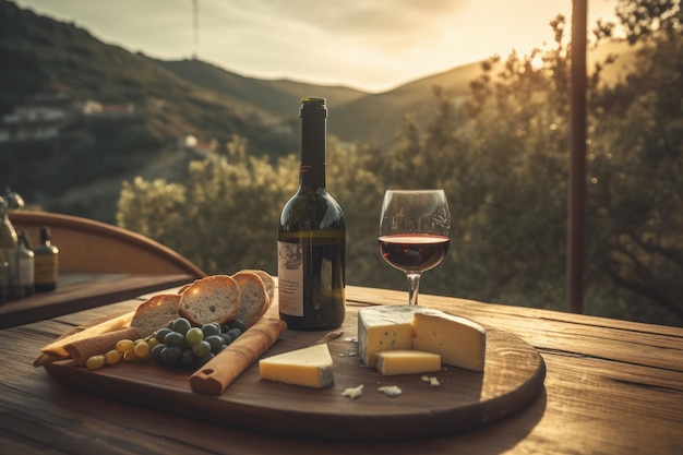 Table of different Cheeses and wines on a wooden table and the field in the background