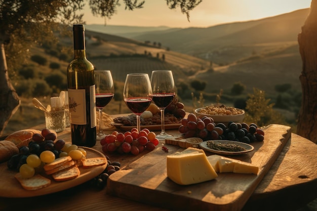 Table of different Cheeses and wines on a wooden table and the field in the background