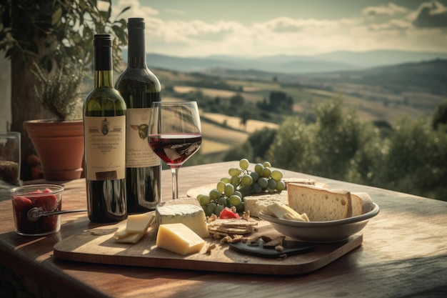 Table of different Cheeses and wines on a wooden table and the field in the background