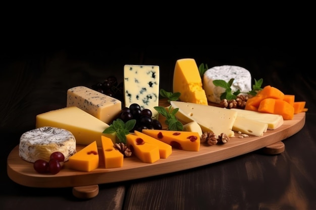 Table of different Cheeses on a wooden table and black background