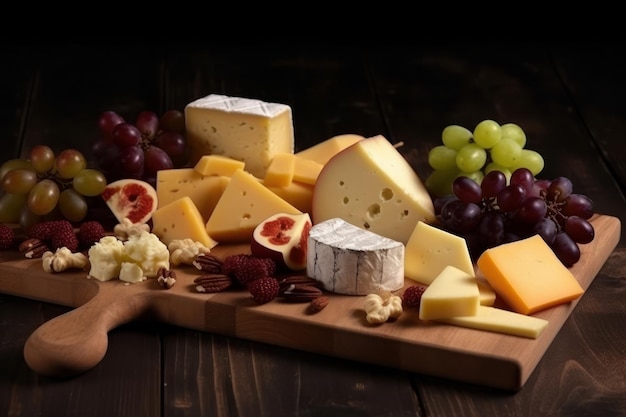Table of different Cheeses on a wooden table and black background