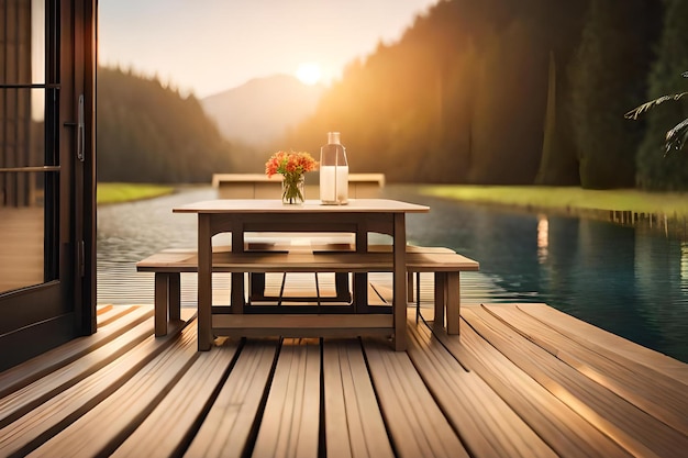 A table on a dock with a view of a mountain in the background