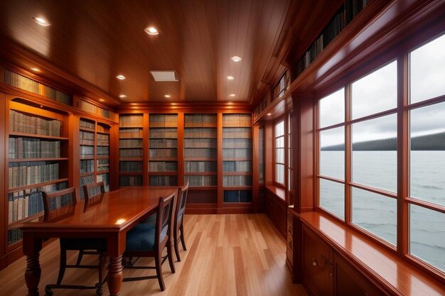 Photo table and empty chairs in library