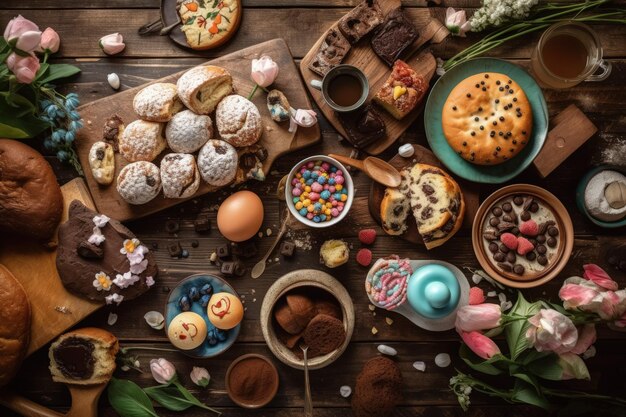 Foto tavolo pieno di pasticcini assortiti di diverse forme, dimensioni e sapori ia generativa