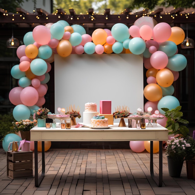 A table filled with balloons on an outdoor scene