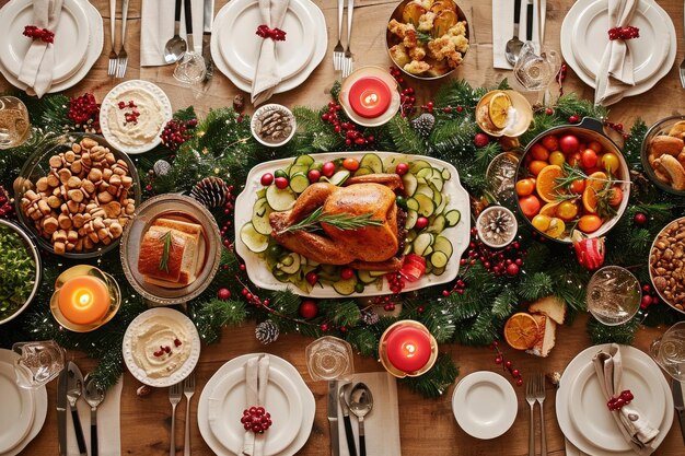 A table filled with various food items including a roasted turkey fruits and a variety of other dishes A Christmas dinner table setting with all traditional dishes AI Generated