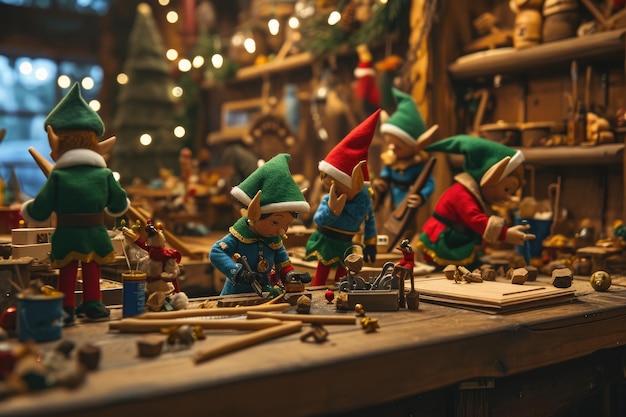 Foto un tavolo pieno di un vasto assortimento di figurine da giocattolo di varie forme, dimensioni e colori elfi impegnati a lavorare nel laboratorio di babbo natale