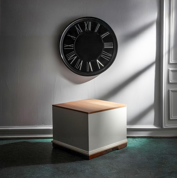 a table on the floor with a black Roman clock that is on a wall