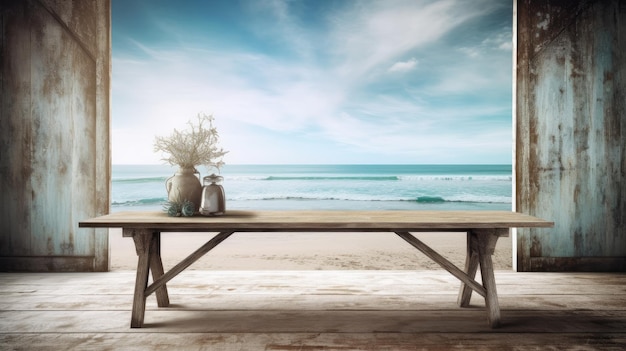 Photo a table and flowers on a beach with the ocean in the background