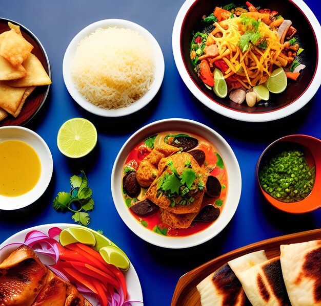 A table of food including a fish dish, rice, and other dishes.