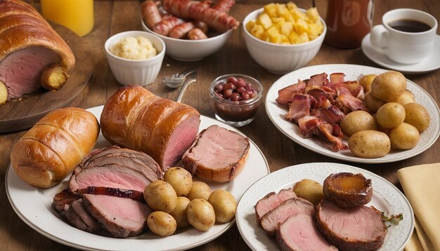 Foto un tavolo di cibo che include una grande carne arrostita, patate e pane