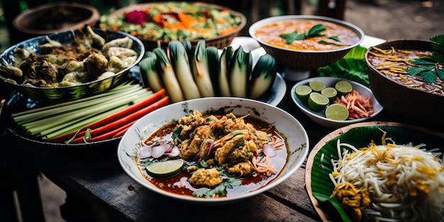 A table of food including a plate of food including a variety of vegetables.