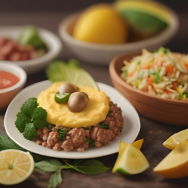 Photo a table of food including rice beans and lemon