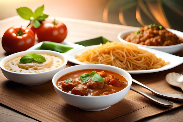 Стол с едой, включая спагетти, томатный соус и базилик.