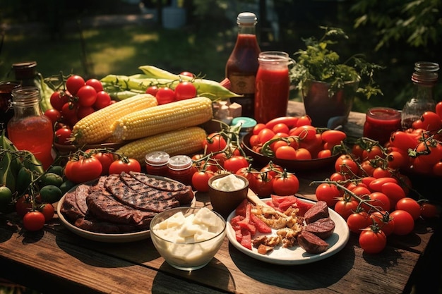 A table of food including vegetables, tomatoes, and tomatoes.