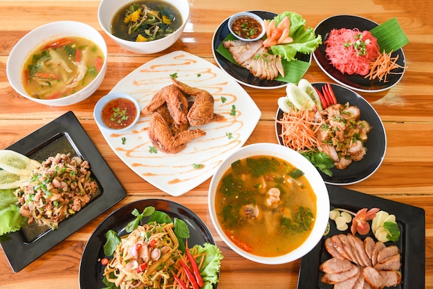 Table food served on plate Tradition northeast food Isaan delicious vegetables 