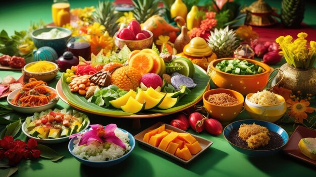 a table of food that includes fruits and vegetables