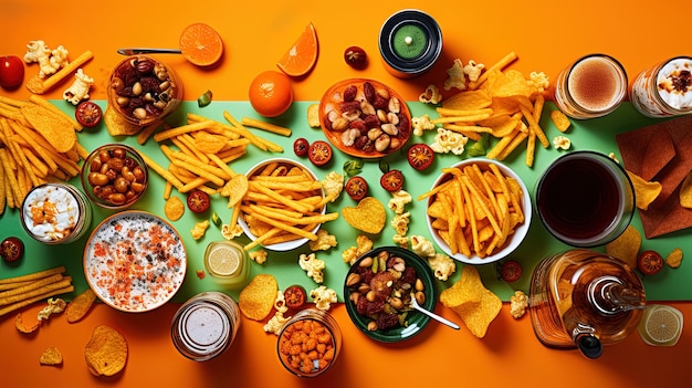 Photo a table of food that includes snacks and drinks