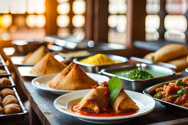 Foto una tavola di cibo con diversi piatti tra cui samosa e un piatto di cibo.