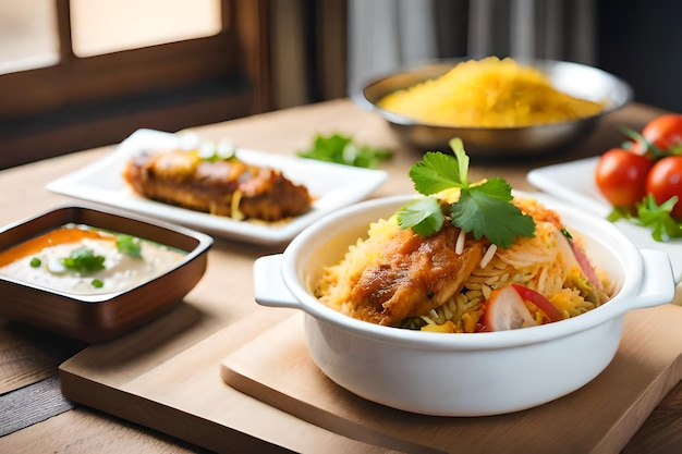 a table of food with a pan of rice and vegetables.