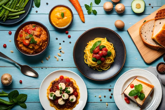 a table of food with a variety of ingredients including pasta, tomatoes, and vegetables.