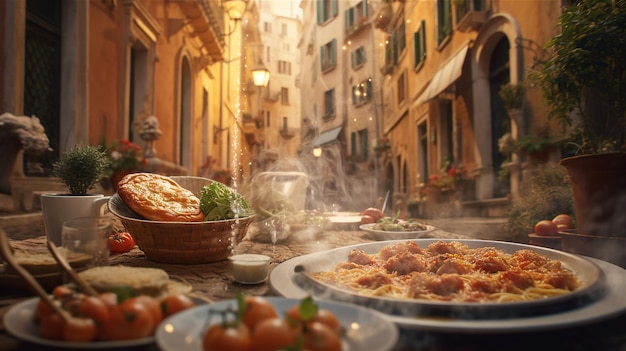 A table of food with a view of the city in the background