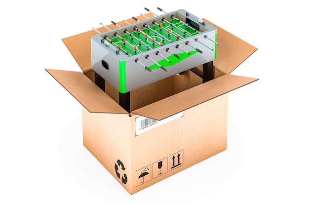 Настольный футбол внутри концепции доставки картонной коробки 3D рендеринг