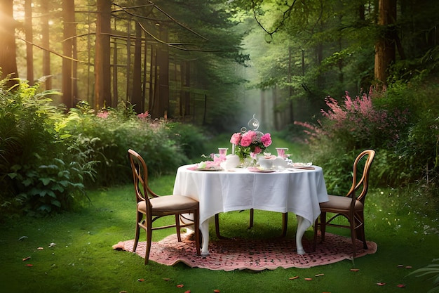 A table in the forest with pink flowers on it