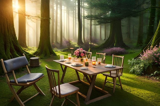 A table in a forest with a sign that says'the forest '