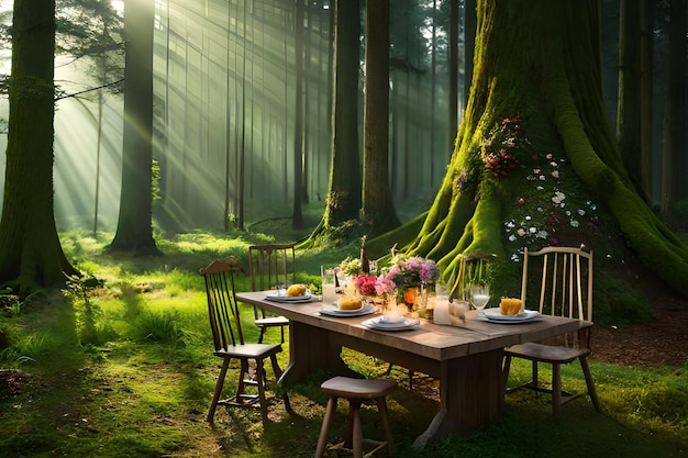 A table in a forest with a tree in the background