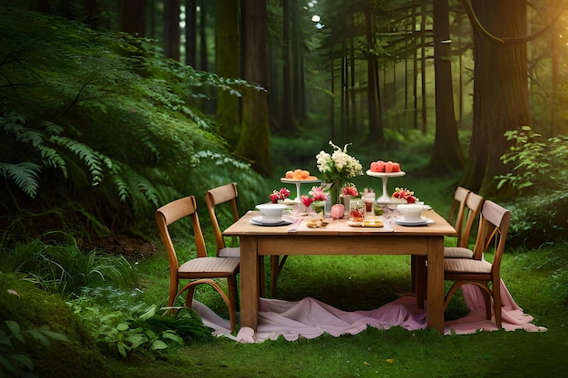 A table in a forest with a view of the forest