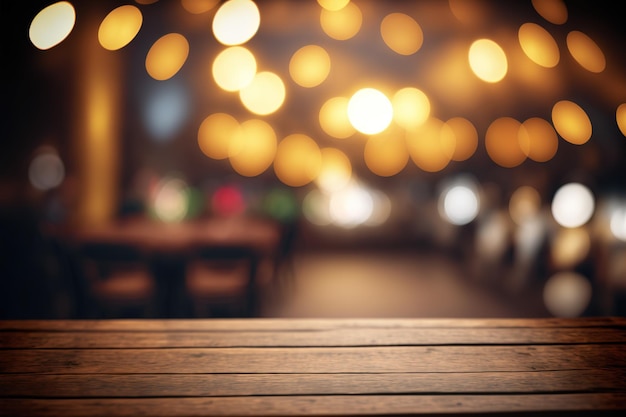 A table in front of a blurred background with lights