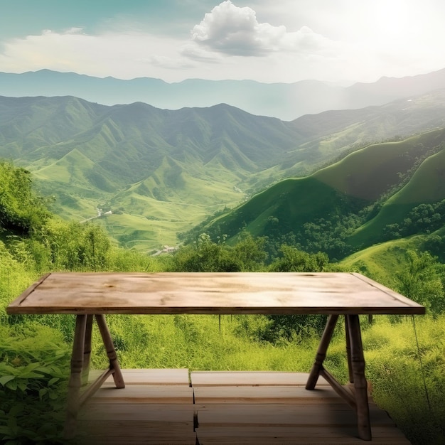 山の風景の前のテーブル