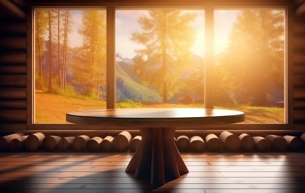 Photo a table in front of a window with a view of the mountains in the background.