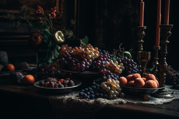 A table of fruit and a candle with a candle in the background