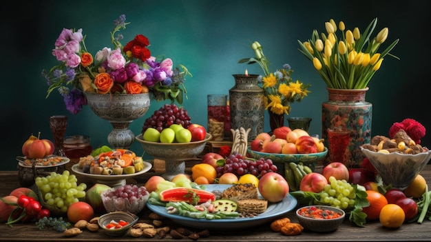 a table of fruit and flowers including fruit and vegetables