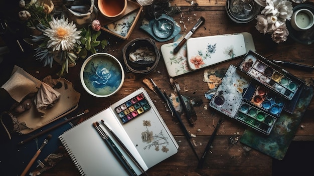 A table full of art supplies including a notebook, a pen, a pen, and a book.