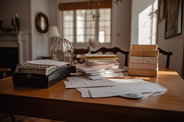 Table full of bills and documents representing family expenses generative IA