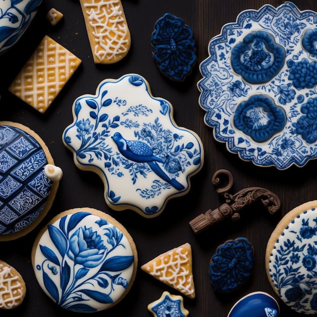 A table full of blue and white cookies with a blue bird on the top.