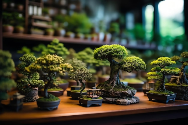 A table full of bonsai trees with a lot of trees on it