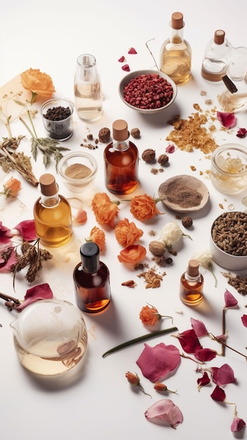 A table full of bottles of essential oils including a bottle of essential oil