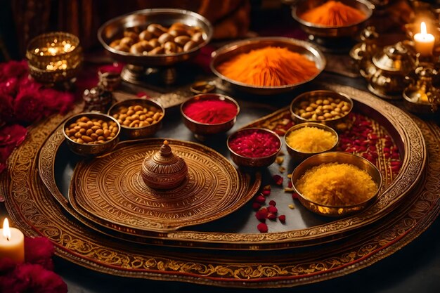 A table full of bowls of spices and a temple