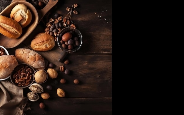 A table full of bread and nuts with a wooden spoon