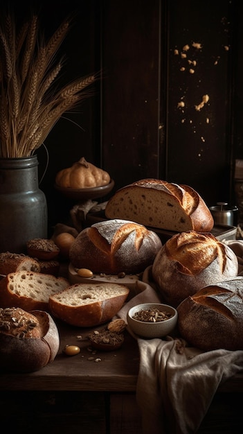 A table full of breads and a bowl of wheat.