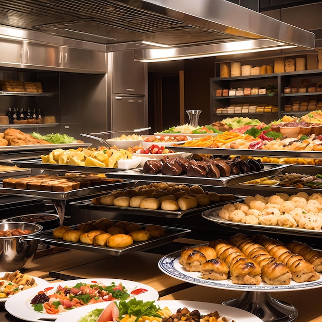 A table full of buffet in the kitchen