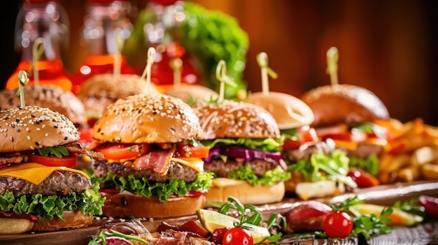 a table full of burgers and fries with a variety of toppings sustainable food