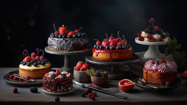 A table full of cakes with different flavors of fruit on them.